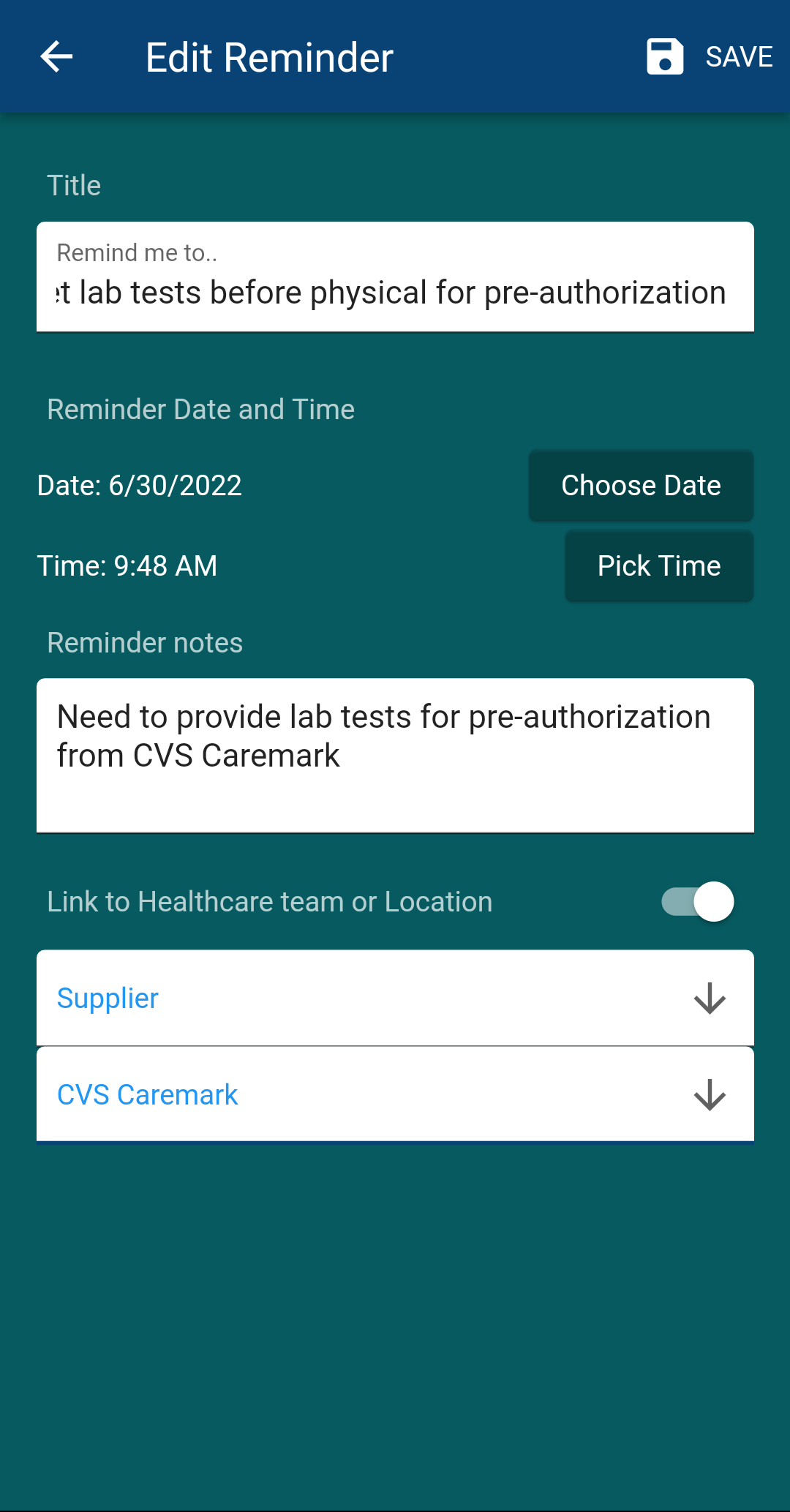 Reminders Screen